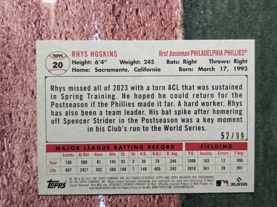 2023 Topps Archives Rhys Hoskins Green Foil Parallel Sp /99 #20 Philadelphia  - Image 4 of 4