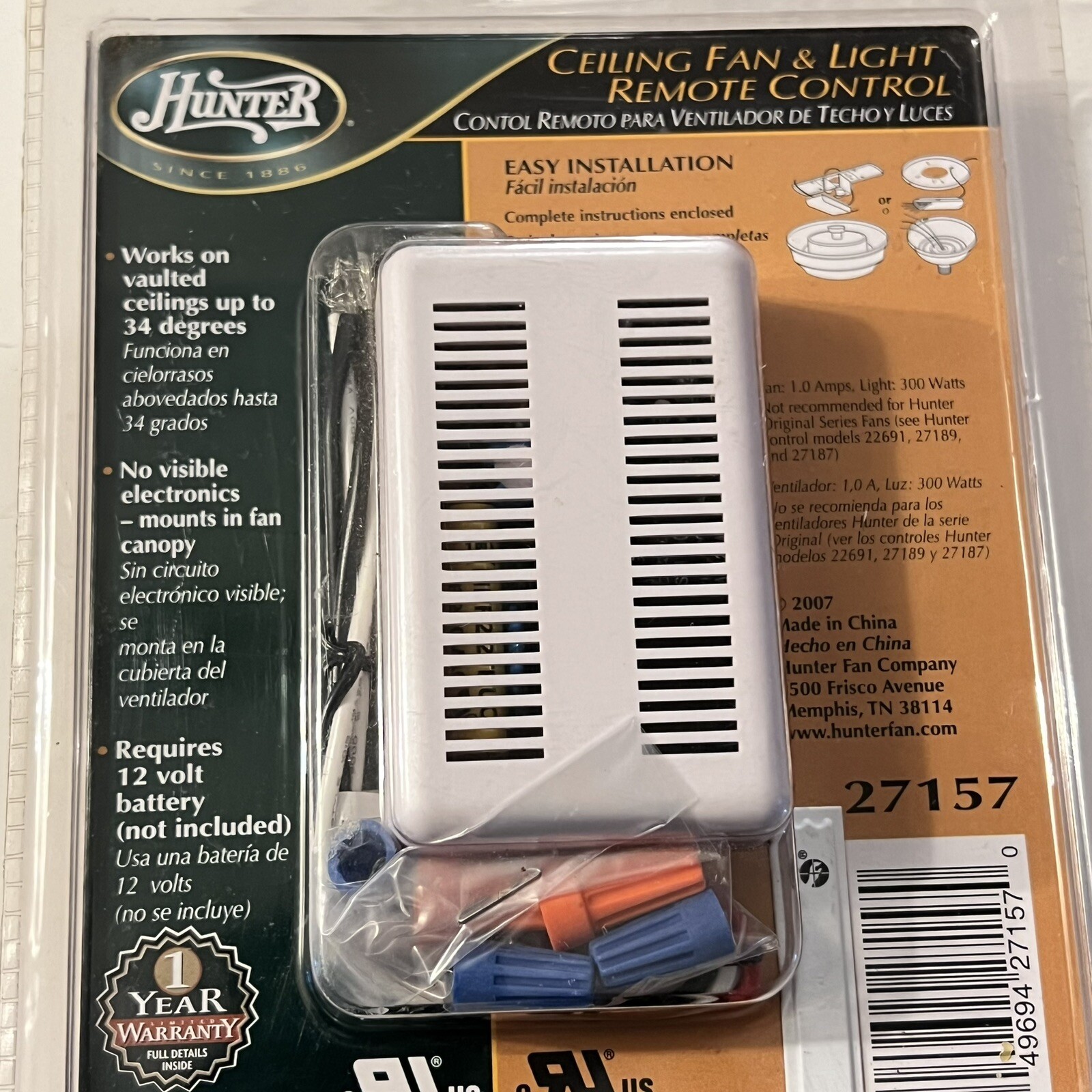 Hunter Wireless Universal Ceiling Fan Light Switch Remote Control 27157