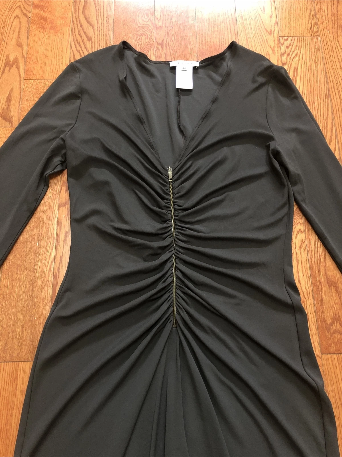 ABITO MIDI NUOVO SENZA ETICHETTE CELINE FRANCE MARRONE con cerniera arricciato 44 12 viscosa LAVORATO A MAGLIA 1 2k PROFONDO V