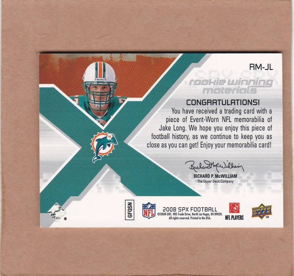 2008 SPx Rookie Winning Materials AFC Dual Letters 39/99 Jake Long #RM-JL EX+ - Image 2 of 2