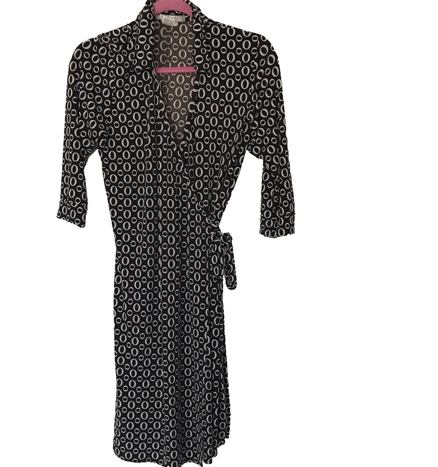 Vintage 90s La Belle Dress Womens Large Wrap Brown White Retro 70s Geometric Mod - Image 3 of 4