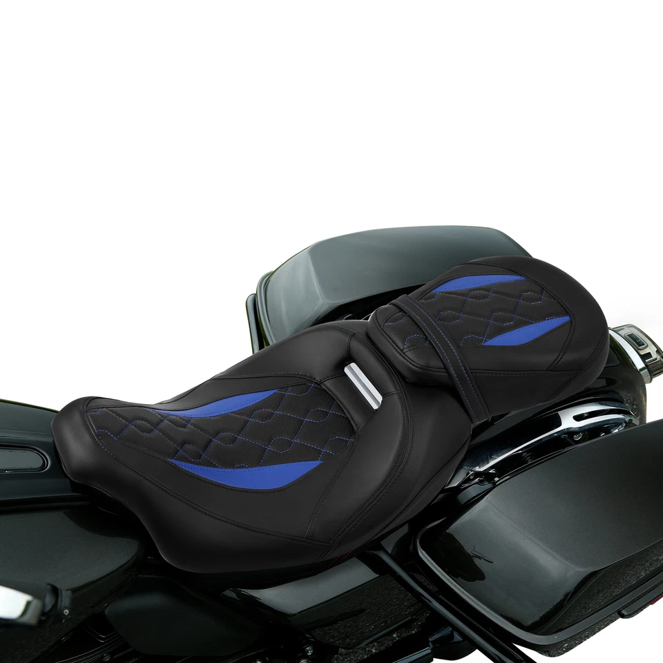 Asiento de conductor pasajero apto para Harley Touring Road Glide 2009-más tarde negro+azul Foto 3 de 4