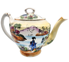Vintage Japanese Teapot Hand Painted Floral Geisha Scene Porcelain Gold Japan