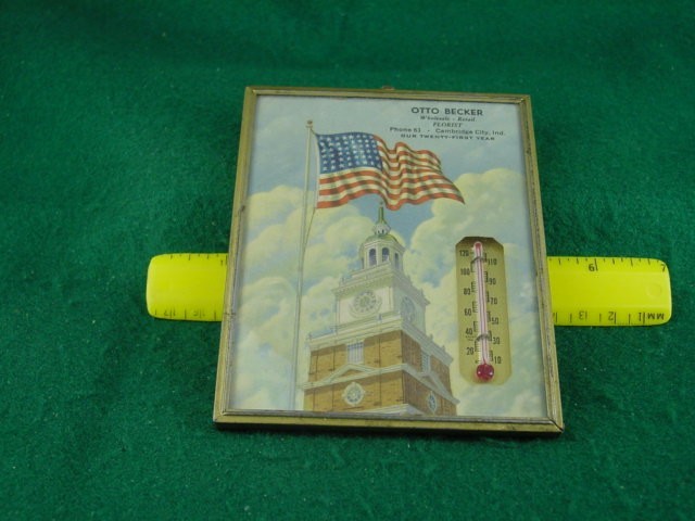 Vintage Advertising Otto Becker Florist Cambridge Ind. Photo Thermometer - 1943