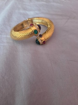 Vintage GIVENCHY Green Pink Blue Rhinestone Gold Tone Bypass Bracelet