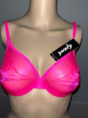 GOSSARD GLOSSIES NEW NWT NEON PINK SHEER SILKY SEE THROUGH BRA LINGERIE SEXY