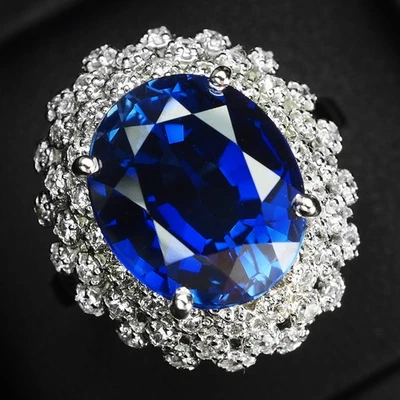 Inestimables bagues ovales en argent sterling 925 saphir bleu vif 8,70 carats - Photo 1/4
