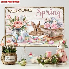 Rustic Style Welcome Spring Metal Sign Art Decorated Easter Egg Bunny Farm Decor