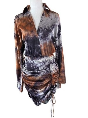 Pretty Little Thing NWT Tie Dye Satin Ruched Skirt Body Con Dress Sz 4
