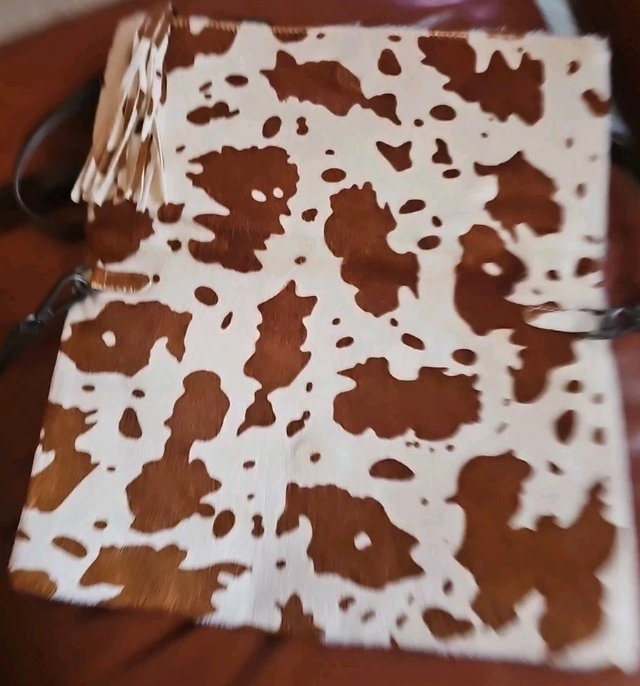 LUCKY & BLESSED PURSE ANIMAL FUR BROWN OFF WHITE TASSEL TURQUOISE LEATHER TRIM - Image 4 of 4