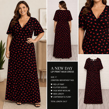 A New Day Lip Print Maxi Dress Size 17 Style NWOT
