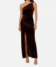 Adrianna Papell Women's Brown Velvet Gold-Tone One-Shoulder Gown Dress Size 4