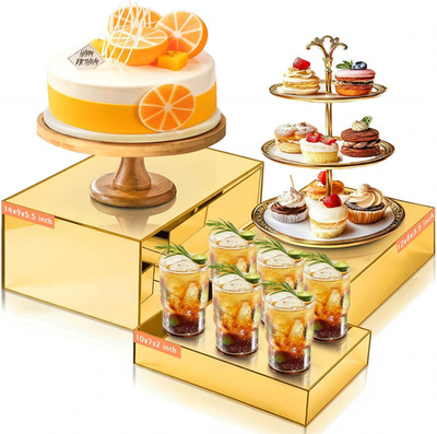 3 Pack Extra Large Acrylic Buffet Risers - 14 , 12 , 10  Gold Display Stands wit