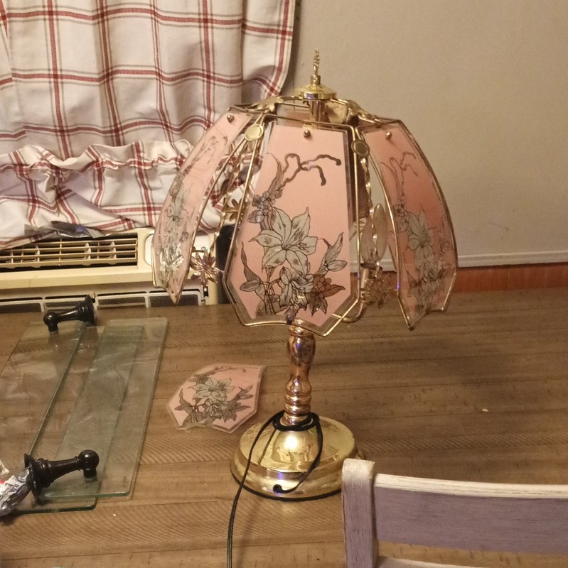 Vintage Pink Floral Glass Panel Table Lamp, Gold-Tone Base, Corded Wall Switch