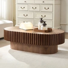 Sturdy Pedestal Walnut Finish Modern 43.70" Drum Coffee Table Oval Shape