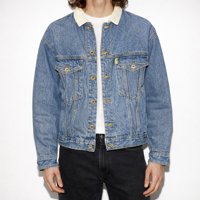 80s Vintage Acid Wash Esprit Trucker Jacket Mens S Denim Corduroy Collar Seamed