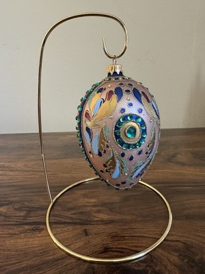 Miss Christmas Palace Collection Elegant Blue Gold Faberge 5'' Egg Ornament Stand