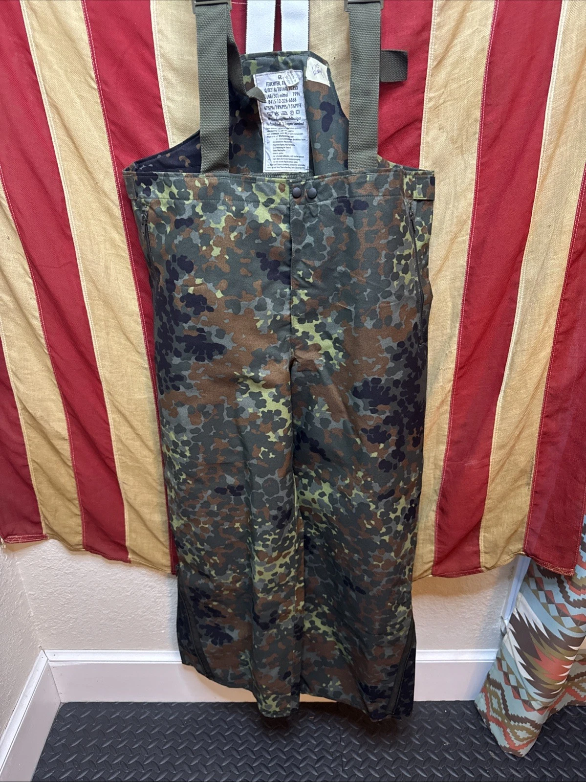 German Flecktarn Camouflage Bib Pants XL- 1996 Durable Water Resistant F078