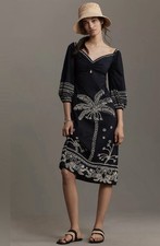 Farm Rio Sweetheart Cutout Beaded Midi Dress Black XS NWT Embroidered Cotton
