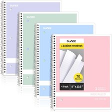 Spiral Notebooks Wide Ruled, 1-Subject, 4 Pack, 8 x 10-1/2 in, 70 Sheets