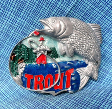 Fishermans Trout Fly Fishing Belt Buckle River Sportsman Vtg 80s TGABC .DBD323