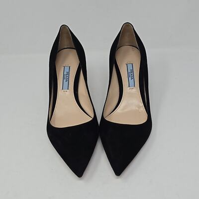 Prada Camoscio 65mm Pumps Suede Pointed Toe Kitten Heel Black Size