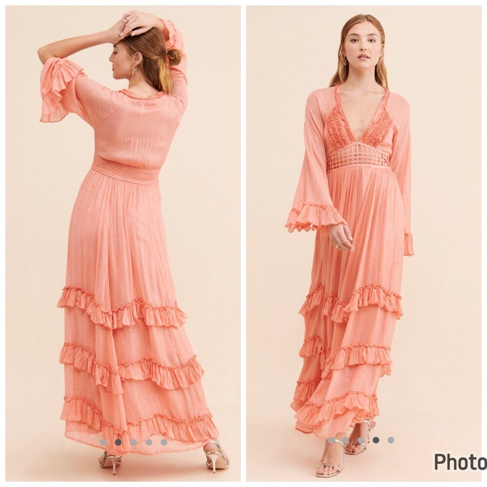 Free People Seraphina Maxi Dress Pink Coral Ruffle Tiered Small | eBay