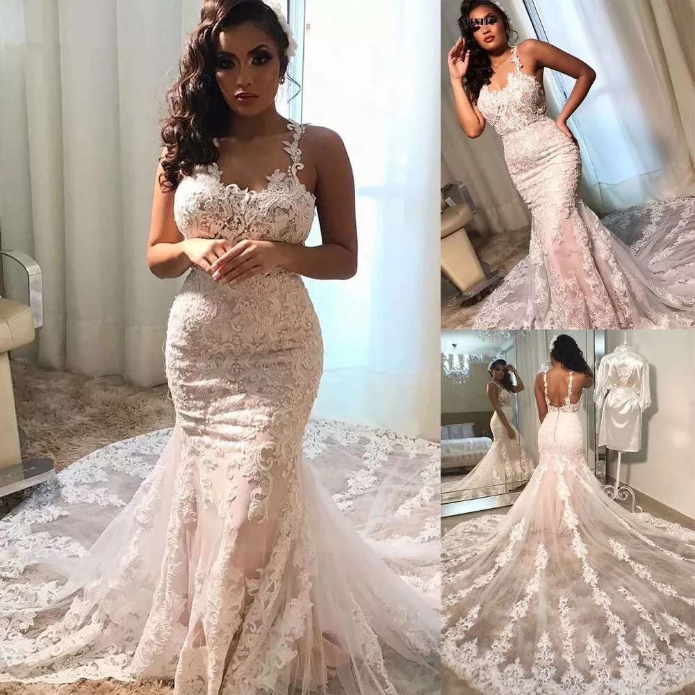 Pink Plus Size Wedding Dresses Mermaid Spaghetti Strap Lace Applique Bridal  Gown