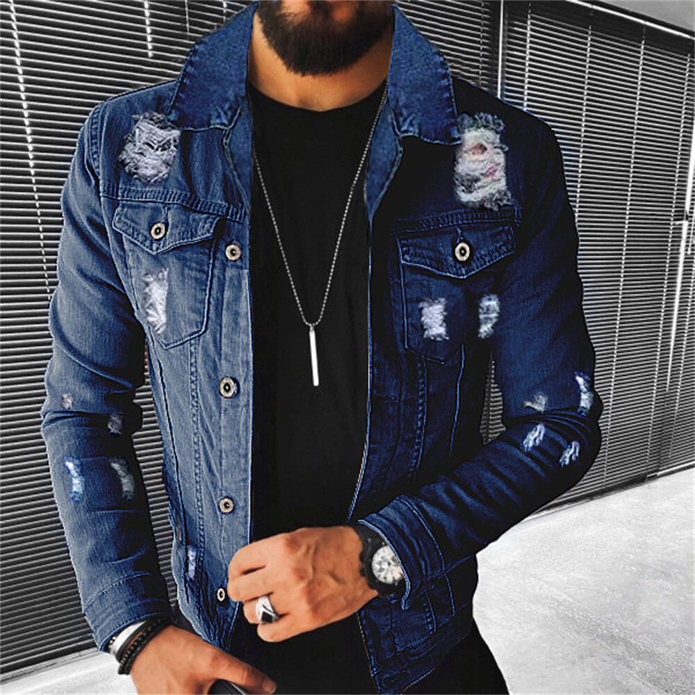 Mens Denim Jacket Jean Coat Slim Fit Casual Clothing Long Sleeve Buttons