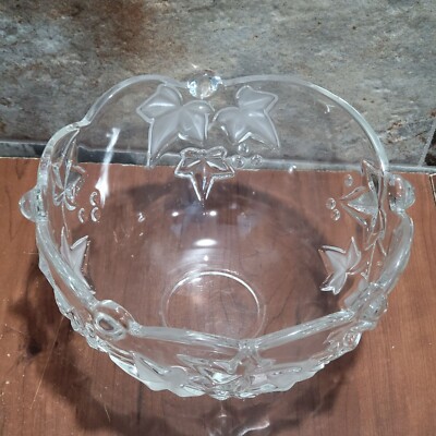 Serving Bowl Embossed Ivy Crystal Clear Frosted Glass Large Thick