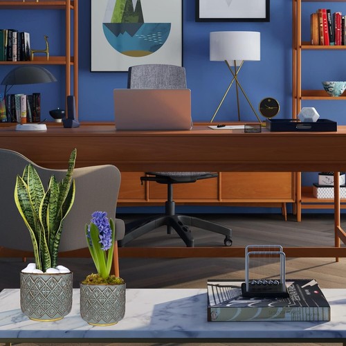 Set of 2 - Green Gold Flower Plant pots 5.1" & 3.9" House Pots w Drainage Holes - Picture 4 of 7