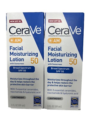 LOT OF 2 CeraVe AM Facial Moisturizing Lotion w/Sunscreen  SPF 50 3 oz EXP 11/25