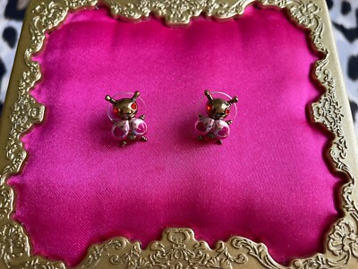 Betsey Johnson Vintage Love Bug Pink Heart Wing Fly Insect Stud Earrings RARE