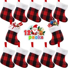 12PCS Mini Christmas Stockings 7Inch Double Sided Red Plaid Plush Cuff Decor