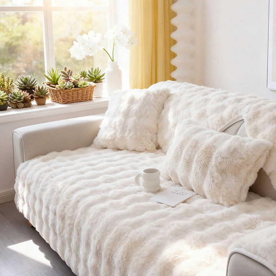 Thick Faux Rabbit Fur Knitted Sofa Cover, Soft and Warm Couch Cover for Winter  - Image 3 of 4