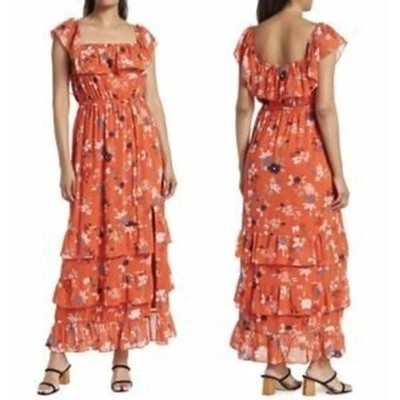 DR2 Daniel Rainn Orange Floral Tiered Ruffle Maxi Dress Womens Medium NWT |  eBay