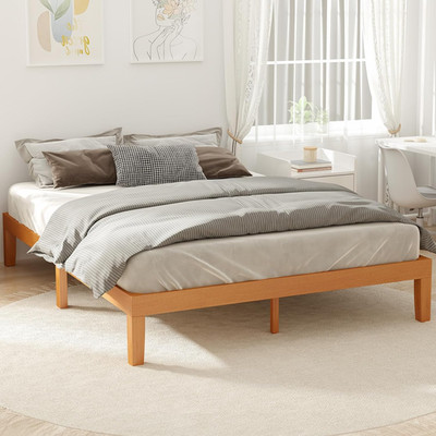 Solid Wood Bed Frame, Queen Size Bed Base with Wooden Slat Support, Sturdy, Styl