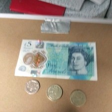 Bank of England £5 Five Pounds Note with Three UK Coins