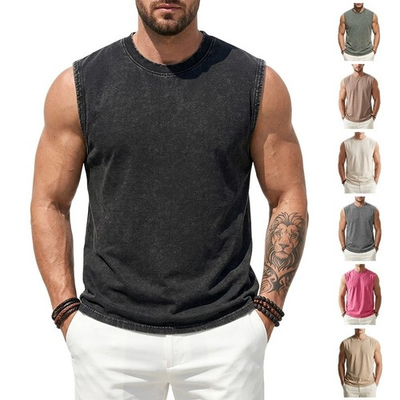 #ad #ad Men#x27;s Washed Cotton Sleeveless Tank Top Loose Fit Round Neck Summer Vest $9.90