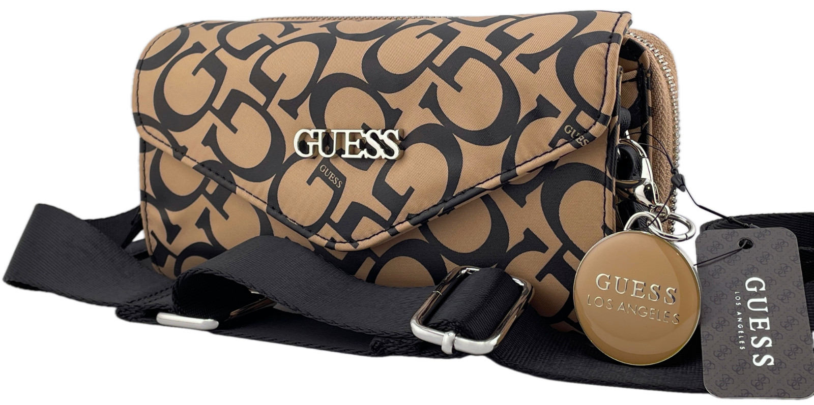 GUESS NEARWOOD LOGO CROSSBODY ORGANISER BAG HANDBAG Black Tan AUTHENTIC New BNWT