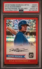 2016 PANINI DONRUSS OPTIC RATED ROOKIE KYLE SCHWARBER RED 5/5 AUTO DUAL PSA 9/10