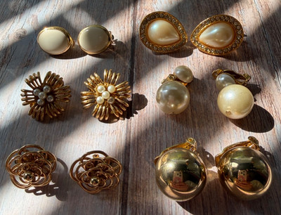 Vintage Clip On Earrings Lot Gold Tone Lot of 6 Faux Pearl Bling Lisner