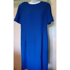 Royal Blue Short Sleeve Sheath Dress Tailored Crepe Jewel Neck Workwear Midi