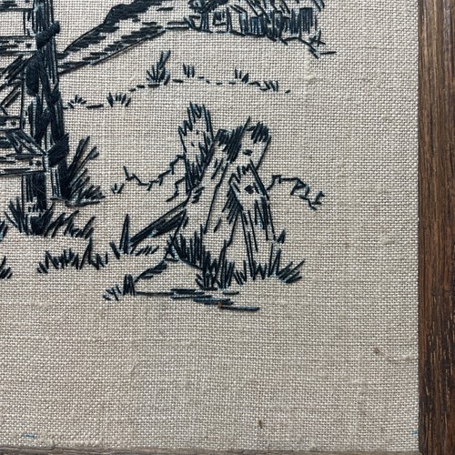 Vintage WINDMILL Black EMBROIDERY on Linen  Framed Wood 11x13 - Afbeelding 4 van 7