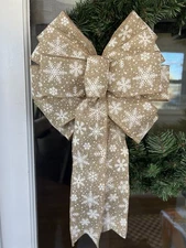Handmade Sparkly Faux Burlap Snowflake 10 x 16 in. Bow for Christmas Winter