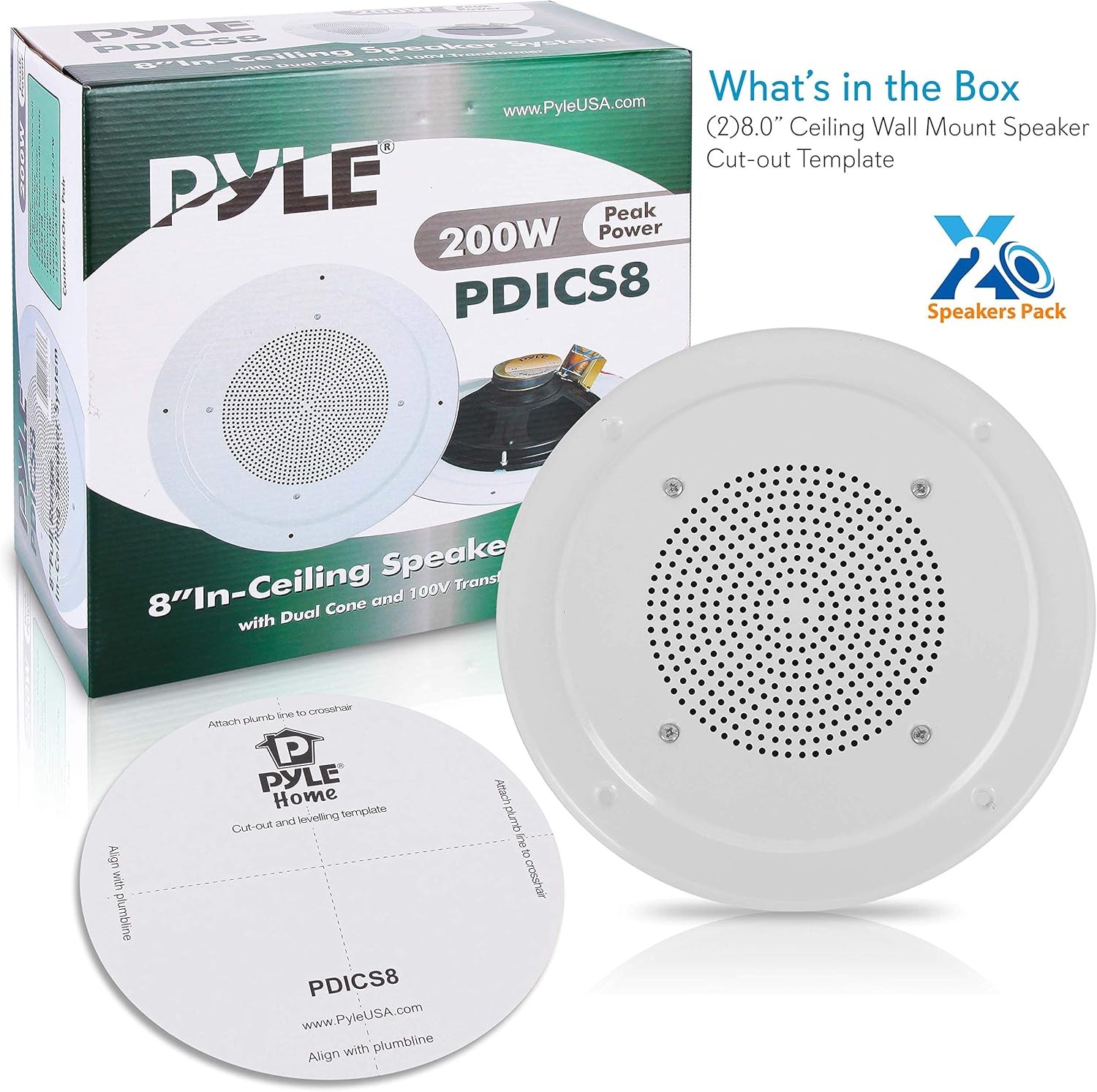 Pyle PDICS8 8"" Full Range Ceiling Speaker System 200W With Transformer, White