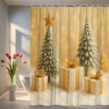 Christmas Shower Curtain with Gold Star and Tree Design
