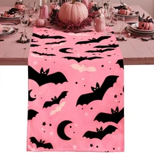 Pink Black Halloween Bat Table Runner Seasonal Fall Kitchen Dining Decor
