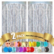 Silver Metallic Tinsel Foil Fringe Curtains 3.3x8.3ft Party Backdrop 2 Pack