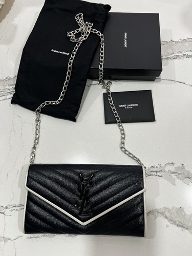 Saint Laurent YSL Black Caviar Leather Chevron Long Envelope Wallet W Chain